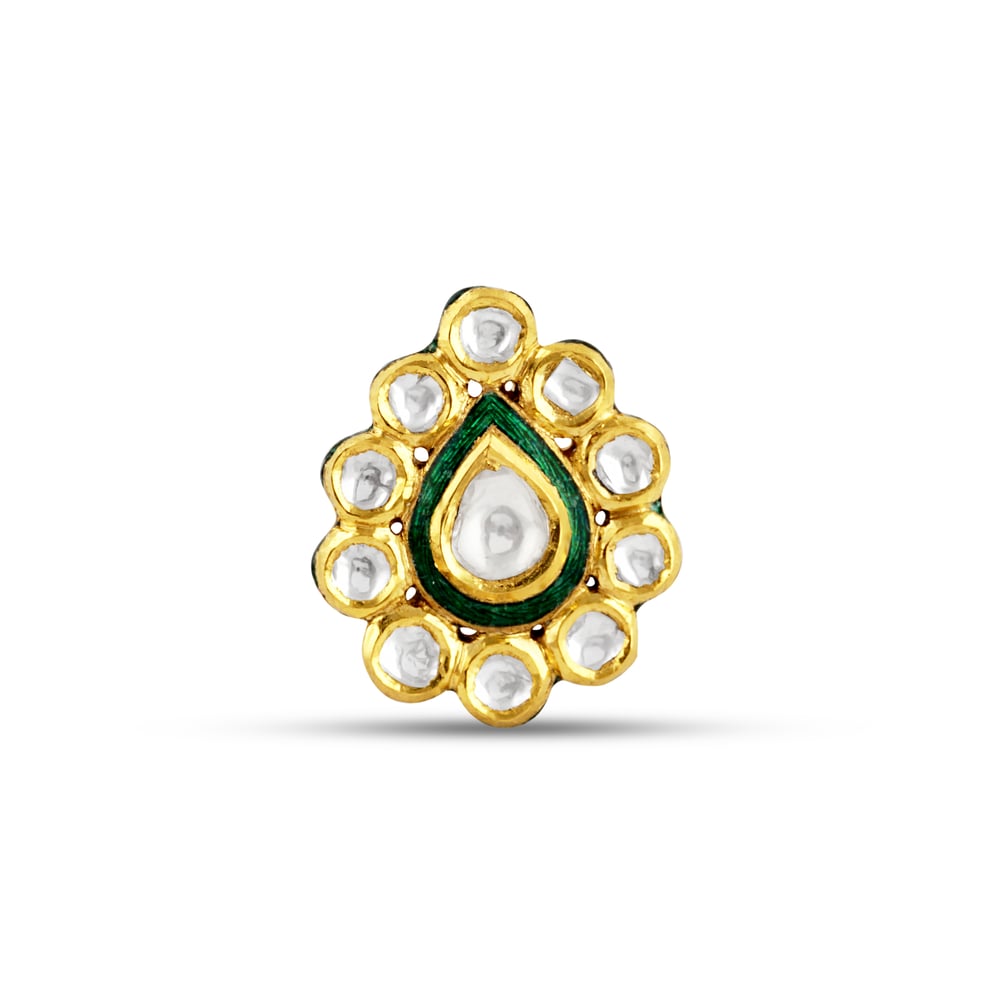 Pear-Shaped Polki Ring with Green Meena and Polki Cluster